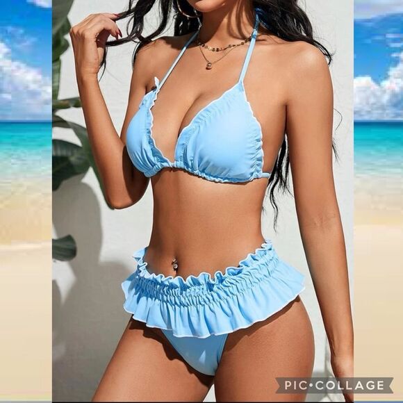 Baby Blue Ditsy Triangle High Waisted Ruffle Trim Bikini Size Medium - Picture 2 of 9